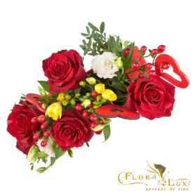 Poșetă Inimă cu Trandafiri, Frezii și Lisianthus foto 3